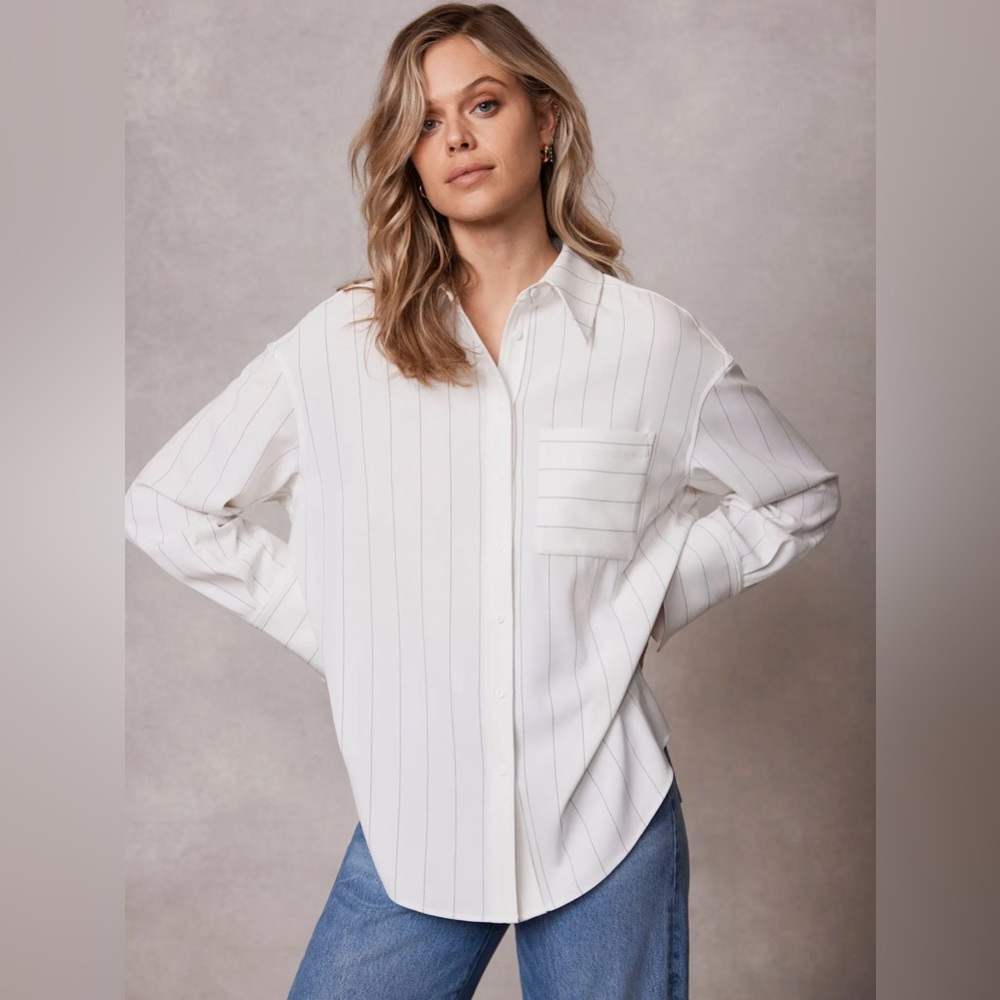 Mint Velvet Oversized Pinstripe Button Up Shirt White Black Long Sleeve 992